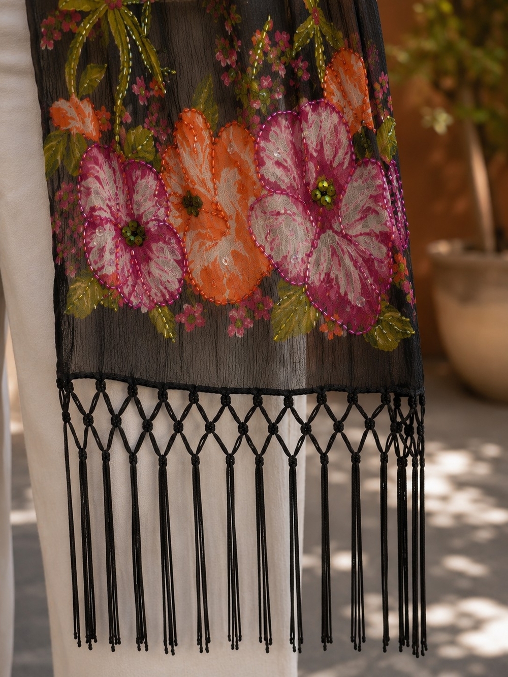 Women's Black Floral Beaded Fringe Scarf Wrap Shawl Sheer Boho Lightweight